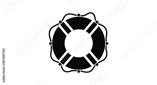 A striking black and white depiction of a circular life preserver design showcasing a bold silhouette