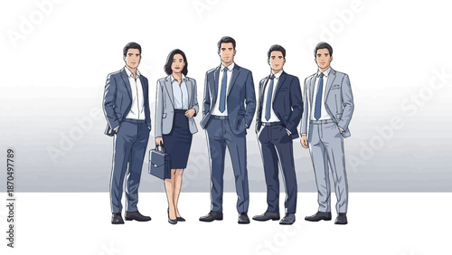 A diverse group of five professionals, including three men and two women, dressed in formal business attire and standing together.