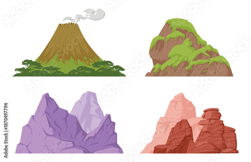 Flat vector illustration set featuring volcano mountain, moss-covered rocky hill, purple crystal stone mountains, and red canyon rocks. Isolated on white, ideal for games, maps, UI, and landscape desi