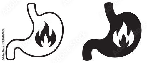 Line art and silhouette stomach icon set featuring a fire symbol depicting heartburn for health awareness