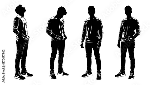 Four silhouetted figures of a young man in casual clothing, captured from different angles against a white background.