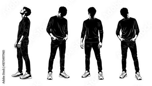 Four black and white silhouettes of a man in casual clothing, showcasing different poses and head tilts.