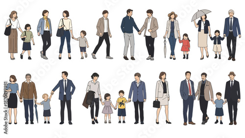 A collection of diverse families and couples walking together, showcasing various relationships and styles.