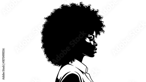 A striking black and white illustration of a woman with a large afro, viewed in profile.