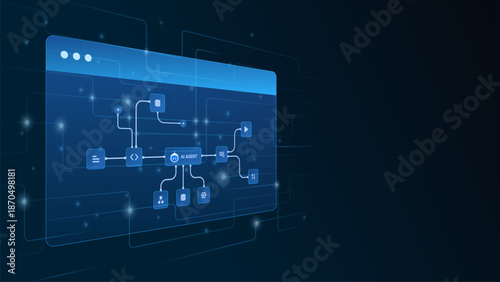AI workflow automation artificial intelligence. ai agent network diagram dashboard machine learning, code panels, data pipeline and automation system.