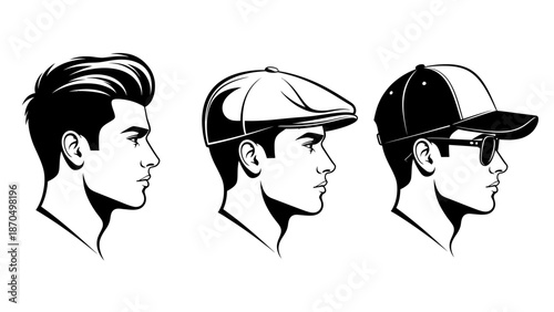 Three profile illustrations of men's heads, showcasing different hairstyles and headwear including a flat cap and a baseball cap.