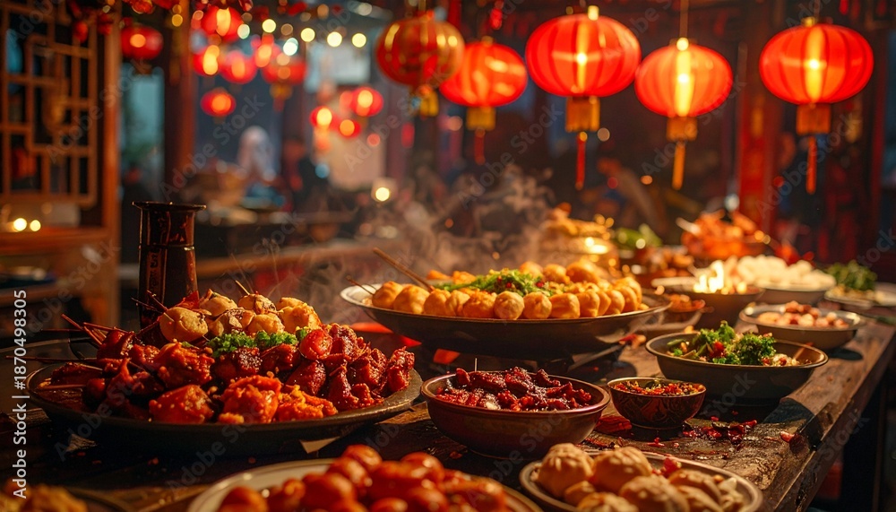Fototapeta premium Traditional festive food table with dumplings and warm lantern light during Laba Festival