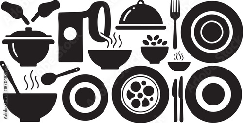 Black and white kitchen utensils and dishes illustration