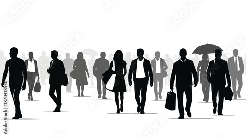 A diverse group of silhouetted people walking in various directions against a white background, some carrying bags and umbrellas.