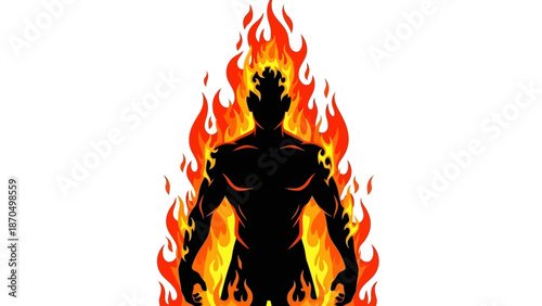 Silhouette of a person engulfed in flames, representing intense heat or passion.