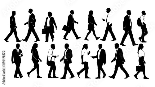 A collection of black silhouettes of people walking in various business attire, some carrying briefcases or phones.
