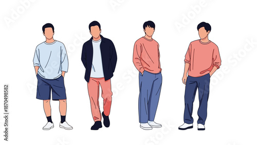 Four men are depicted standing in a line, showcasing various casual outfits with different colored tops and bottoms.