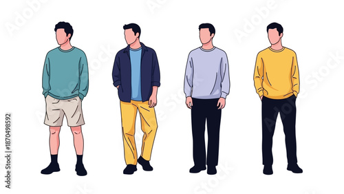 Four men are depicted standing in a line, each wearing a different casual outfit.