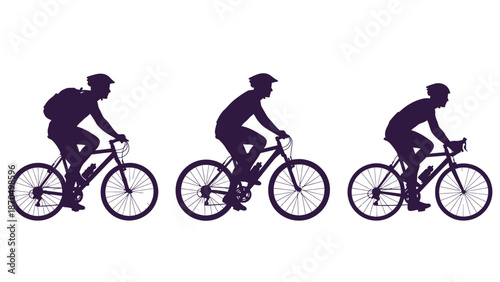 Silhouettes of three cyclists in different riding positions on bicycles, showcasing variations in posture and equipment.