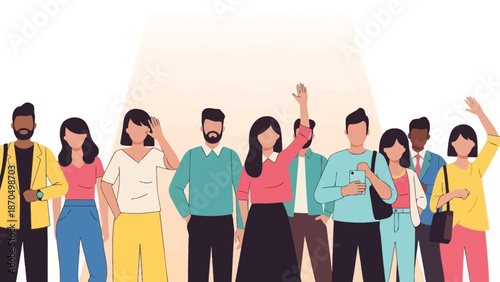 A diverse group of people standing together, some waving, in a bright, welcoming atmosphere.