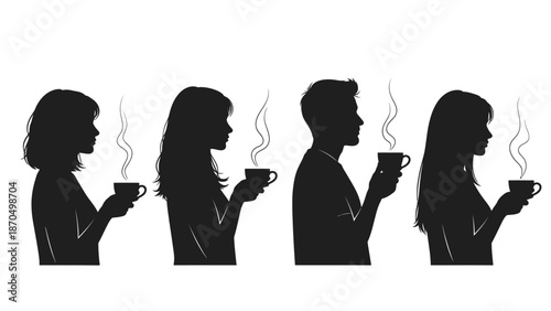 Silhouettes of four people, two men and two women, holding cups of steaming hot beverages.