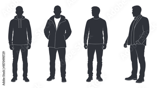 Silhouettes of four men showcasing different casual and formal attire, including hoodies, jackets, and suits.