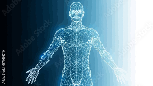 A glowing, interconnected network forming the outline of a human body against a dark blue and white gradient background.