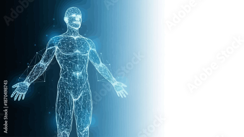 A glowing blue digital human body model with interconnected lines and dots, representing a futuristic concept of health and technology.