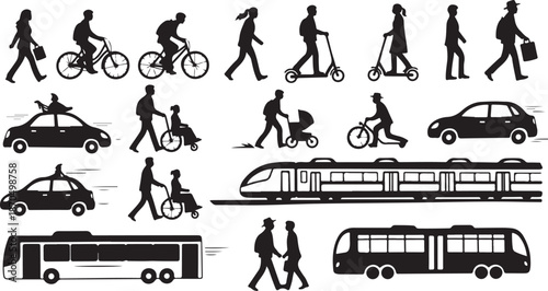City Transportation and People Silhouette Vector Icons