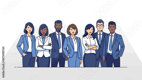 A diverse group of seven professionals in business attire standing together, showcasing teamwork and unity in a corporate setting.
