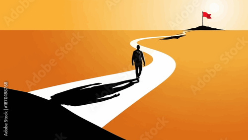 A lone figure walks a winding path towards a distant red flag on a hilltop under a bright sun.