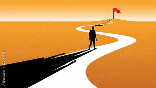 A lone figure walks a winding path towards a distant red flag on a hilltop, symbolizing ambition and the journey towards a goal.