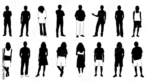 Collection of diverse silhouette figures of men and women standing in various poses, presented against a white background.