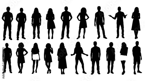 A collection of diverse black silhouettes of men and women standing in various poses against a white background.