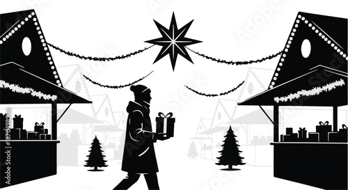 Person carrying gift through festive holiday market at night