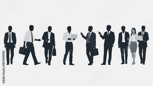 A diverse group of business professionals in silhouette, some holding briefcases and laptops, standing against a white background.
