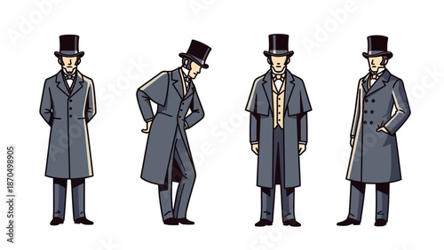 Four illustrations of a man in Victorian-era formal attire, showcasing different poses and slight variations in his outfit.