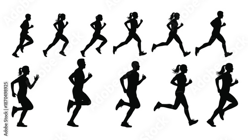 Collection of Silhouettes Depicting Various Running Poses for Men and Women.