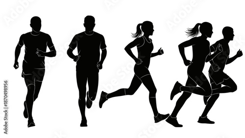 Silhouettes of male and female runners in motion, depicting various running poses and styles.