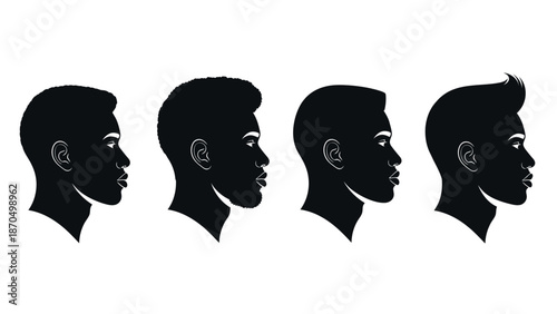 Four black silhouettes of men's heads in profile, showcasing different hairstyles and facial features.