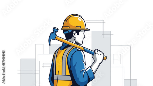 Construction worker in a yellow hard hat and vest carrying a hammer over his shoulder with a city skyline in the background.