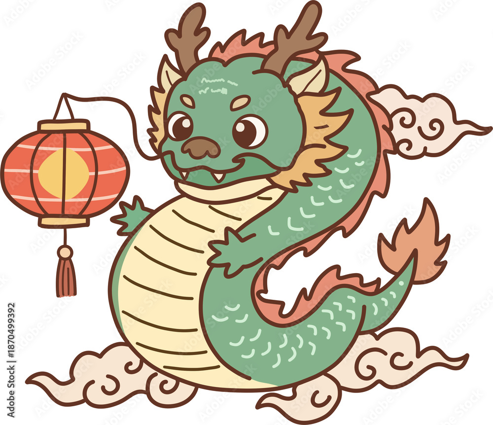 Fototapeta premium Cute Chibi Chinese Dragon holding a traditional red lantern among auspicious clouds for Lunar New Year celebration.