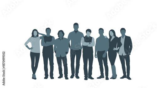A diverse group of nine individuals standing together, silhouetted against a white background.