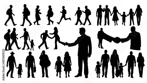 Collection of black silhouettes of people in various poses and activities, including walking, running, holding hands, and shaking hands.