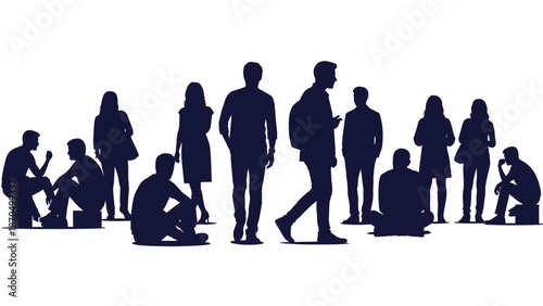 A diverse group of silhouetted individuals are depicted standing and sitting against a white background.