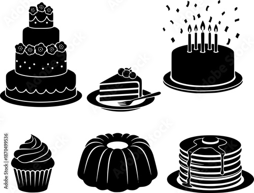 Set of black silhouettes of cakes and desserts isolated on white background. Icons of wedding cake, birthday cake with candles, cupcake and pancakes.