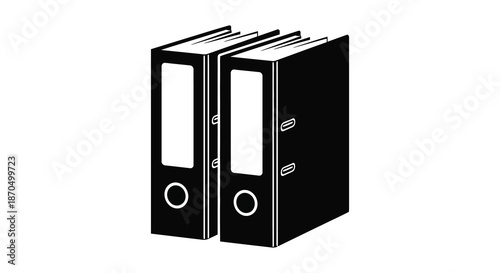 A graphic depiction of two black ring binder silhouettes standing closely together showcasing office organization