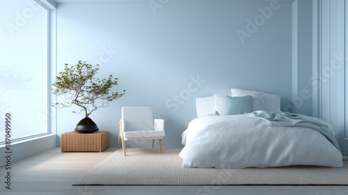 Modern bedroom interior with bonsai