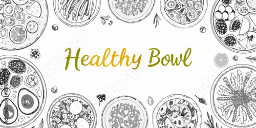 A collection of sketched healthy bowls with various ingredients displayed