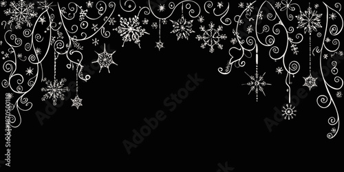 Delicate white snowflakes and swirling patterns adorn a dark background