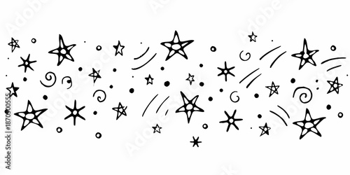A whimsical collection of hand drawn stars swirls and scattered dots