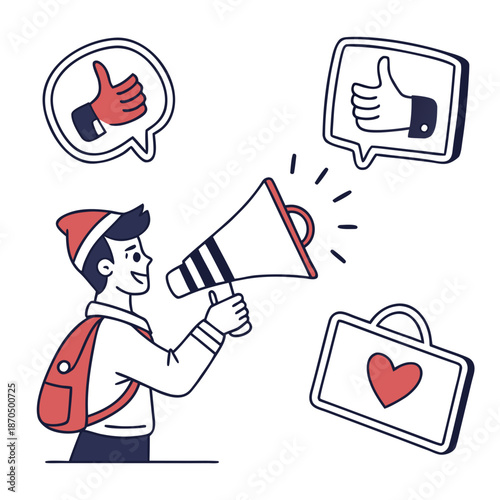 A person holding a megaphone with social media icons surrounding them, promoting online engagement and feedback.