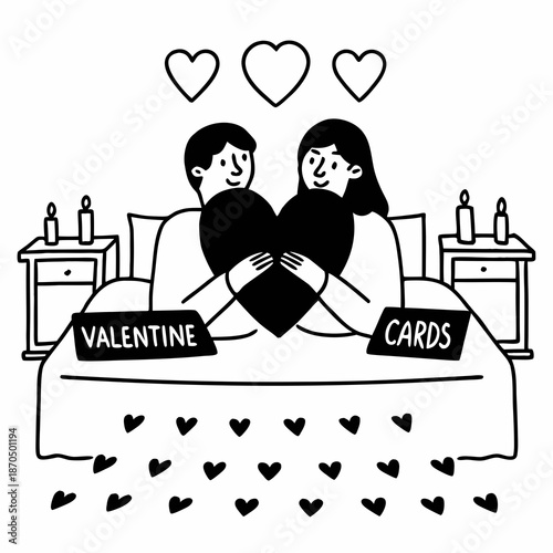 Loving couple embracing and holding heart shape Valentines cards while sitting gin decorated bedroom