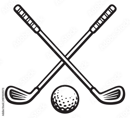 Line art illustration of golf clubs and ball depicting crossed clubs for a sports emblem