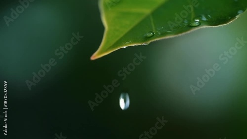 Water Droplet on Green Leaf Closeup.